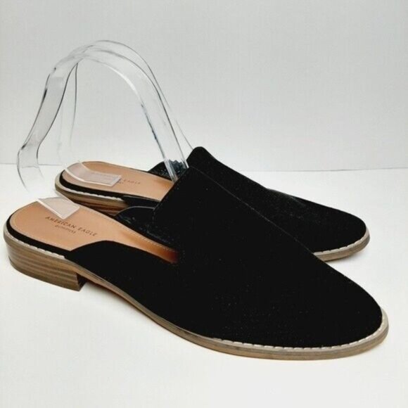 AEO American Eagle Flat slip-on Shoes Mules Black Faux Suede Sz 9 - Picture 2 of 13